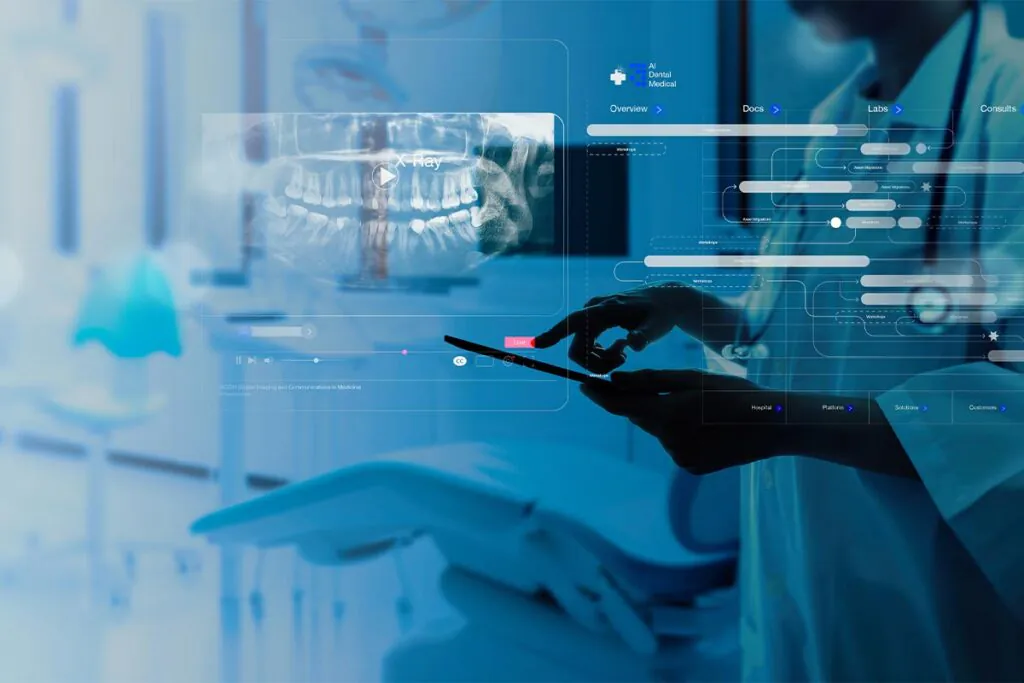 Clinician tapping tablet beside digital dental X-ray graphic